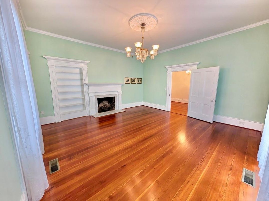Chandelier, Empty room, Fireplace, Interior, Wood Texture Flooring
