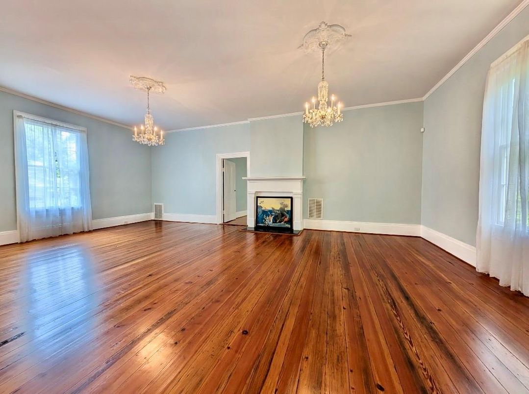 Chandelier, Empty room, Fireplace, Interior, Wood Texture Flooring