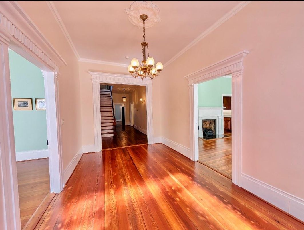 Chandelier, Empty room, Fireplace, Interior, Wood Texture Flooring