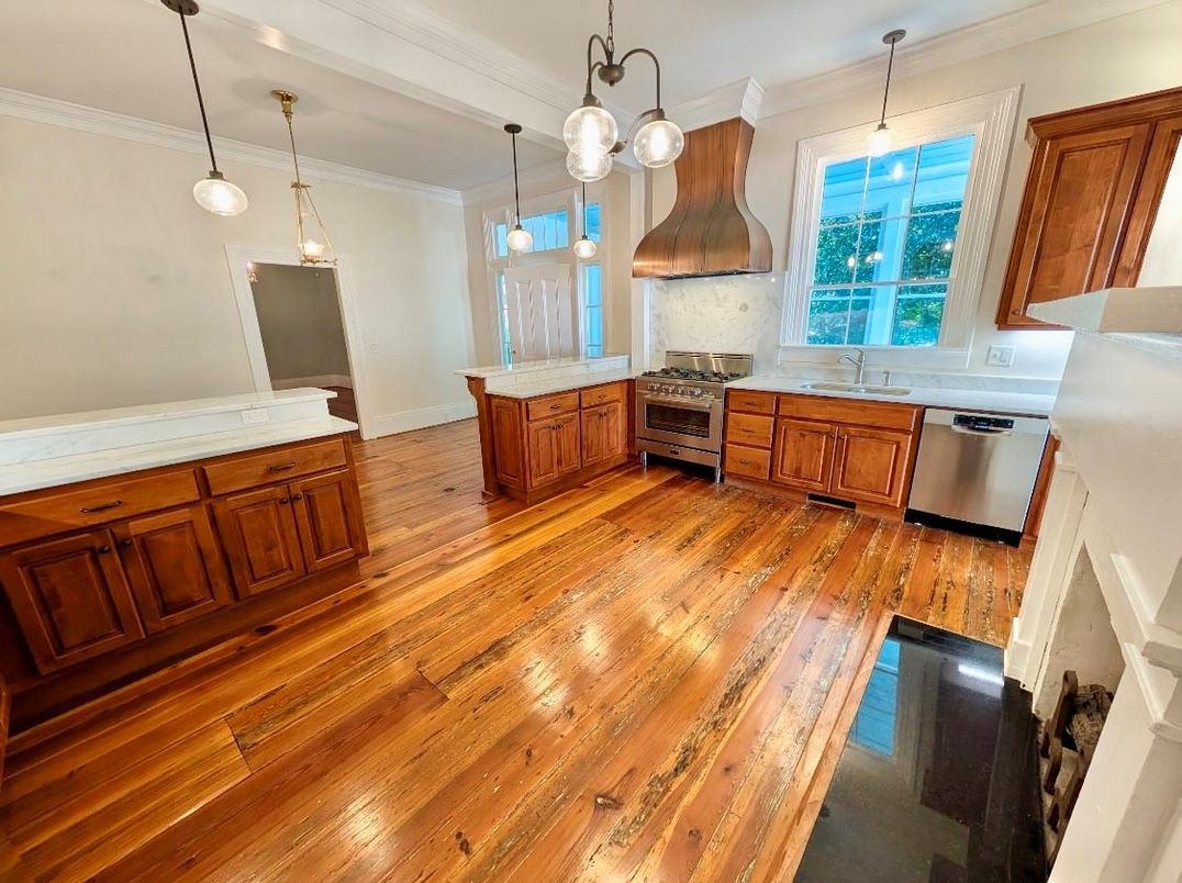 Interior, Kitchen, Pendant Lights, Stainless Steel Appliances, Wood Texture Flooring