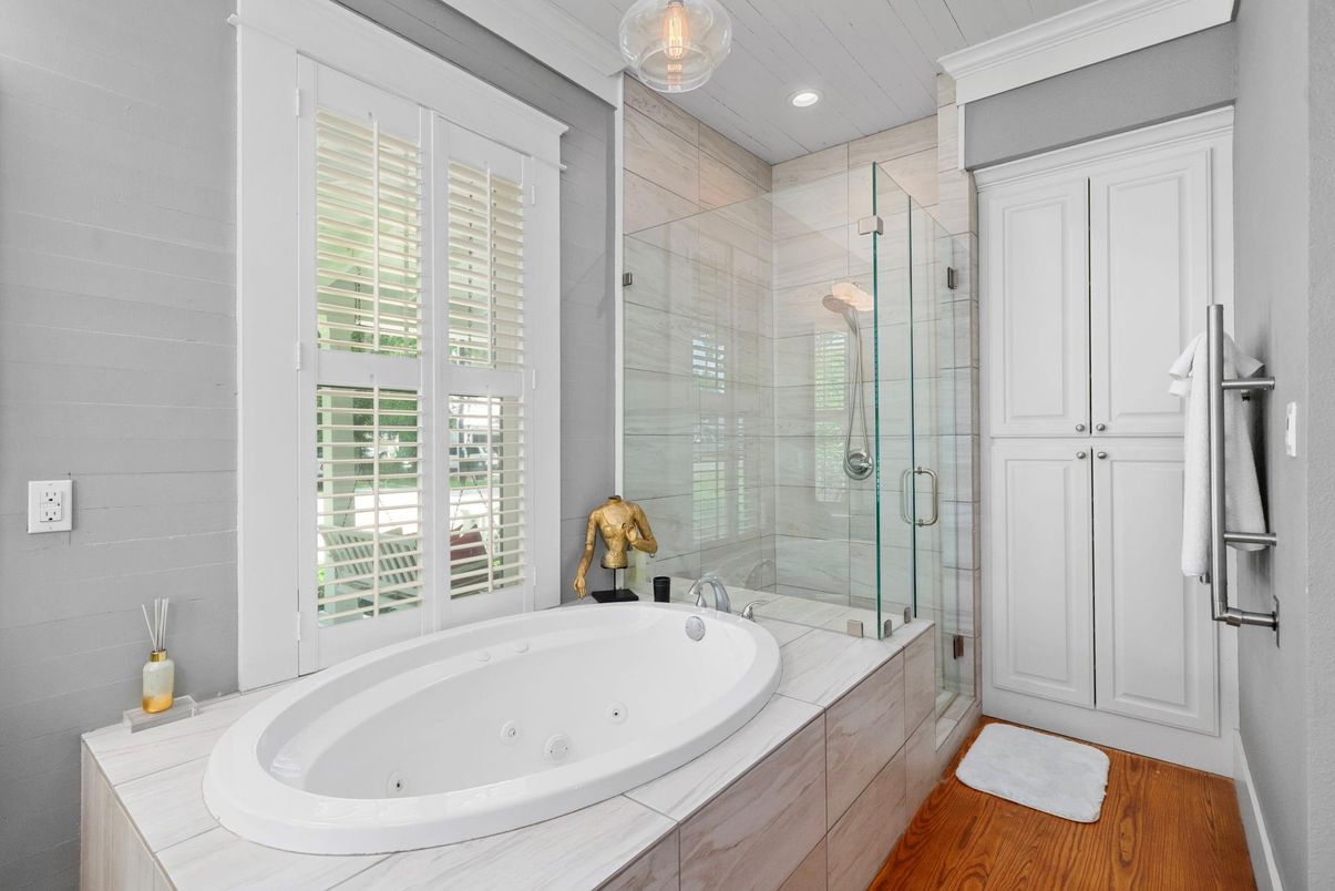 Bathroom, Glass Shower, Interior, Pendant Lights, Recessed Lighting, Wood Texture Flooring