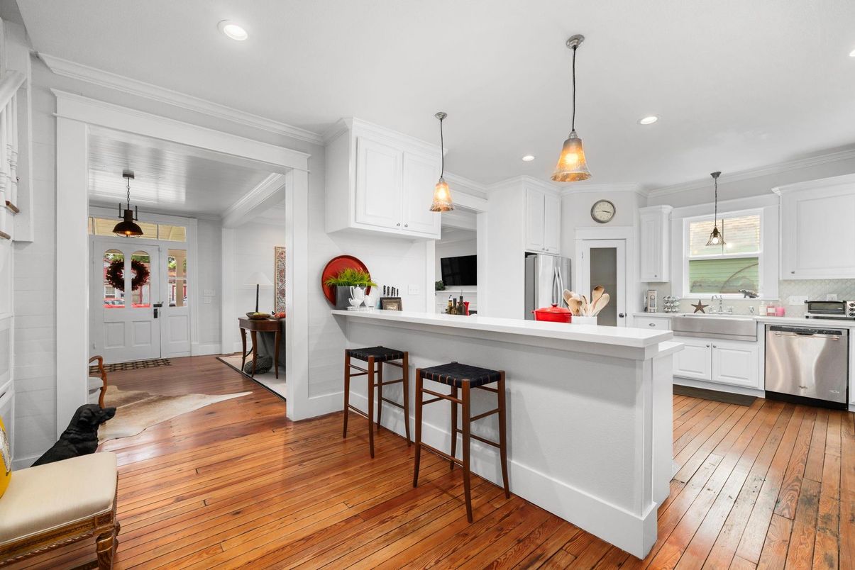 Interior, Kitchen, Pendant Lights, Recessed Lighting, Stainless Steel Appliances, Wood Texture Flooring