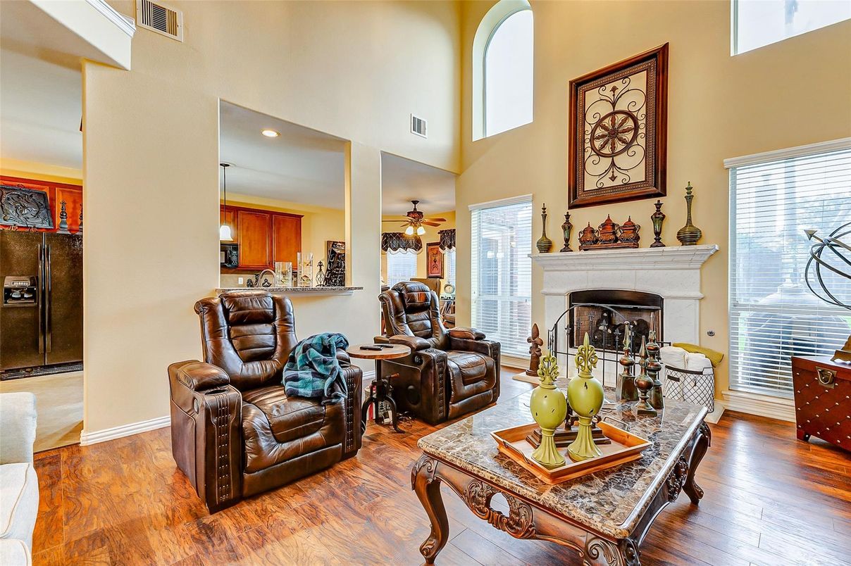 Fireplace, Interior, Living room, Recessed Lighting, Wood Texture Flooring