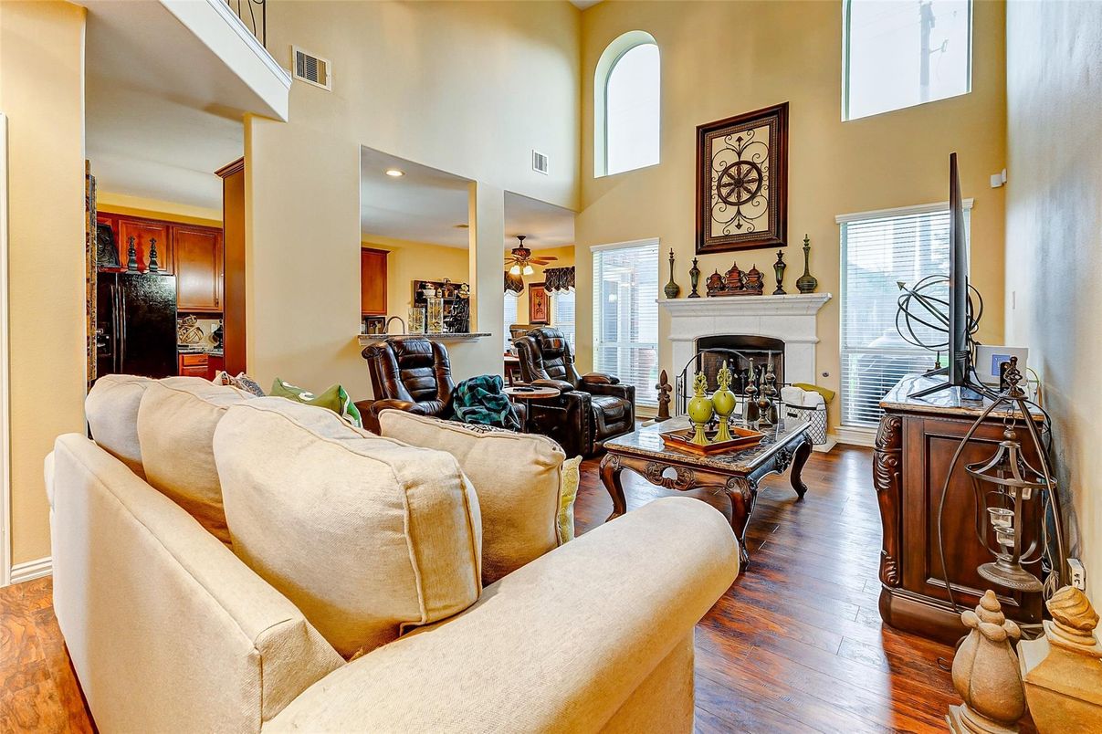 Fireplace, Interior, Living room, Recessed Lighting, Wood Texture Flooring