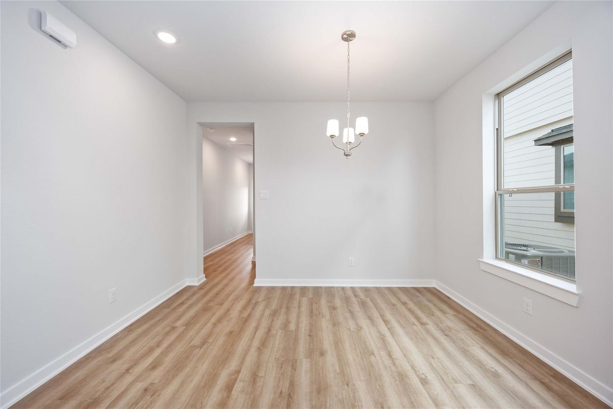 Empty room, Interior, Pendant Lights, Recessed Lighting, Wood Texture Flooring