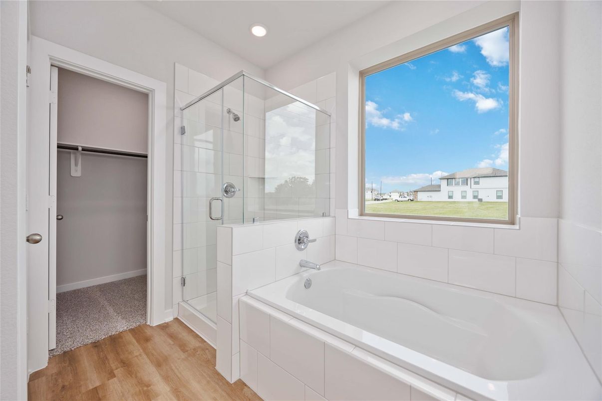 Bathroom, Glass Shower, Interior, Recessed Lighting, Wood Texture Flooring