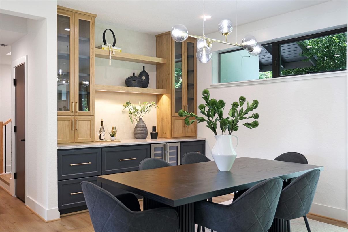 Dining room, Interior, Pendant Lights, Wood Texture Flooring