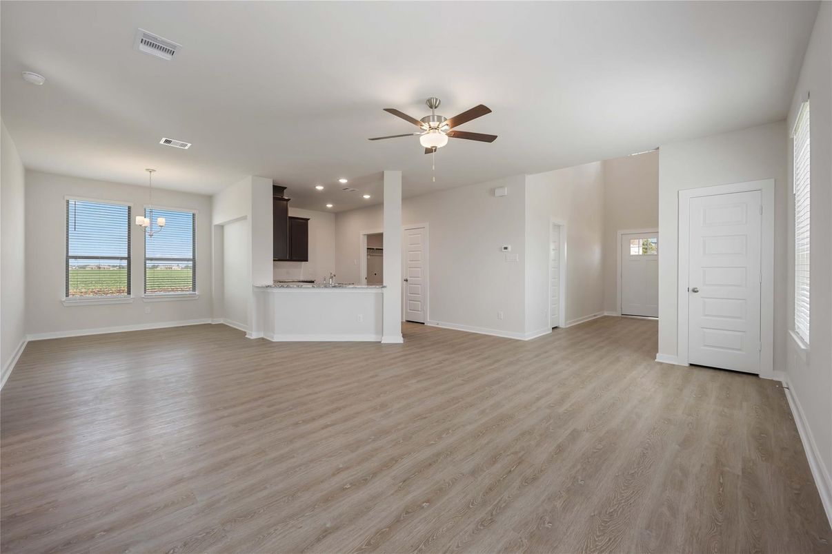 Empty room, Interior, Kitchen, Pendant Lights, Recessed Lighting, Wood Texture Flooring