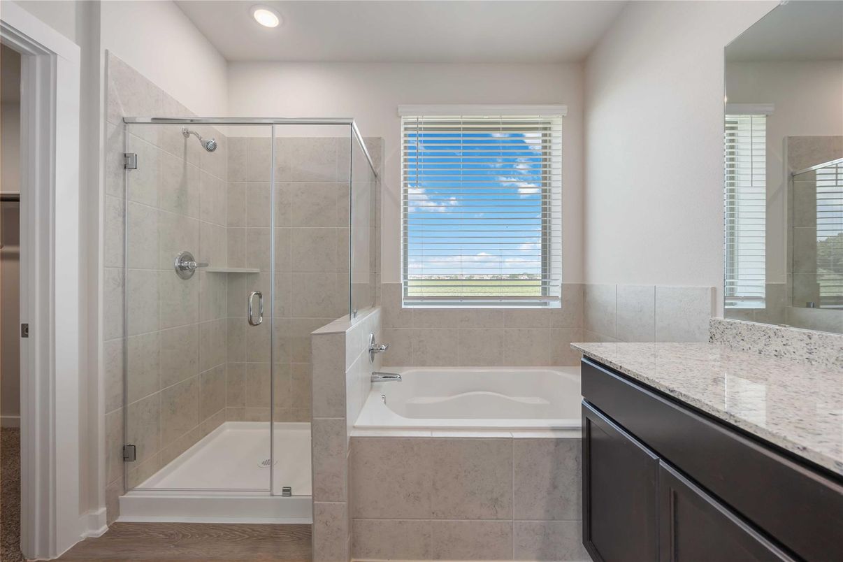 Bathroom, Glass Shower, Interior, Recessed Lighting, Wood Texture Flooring