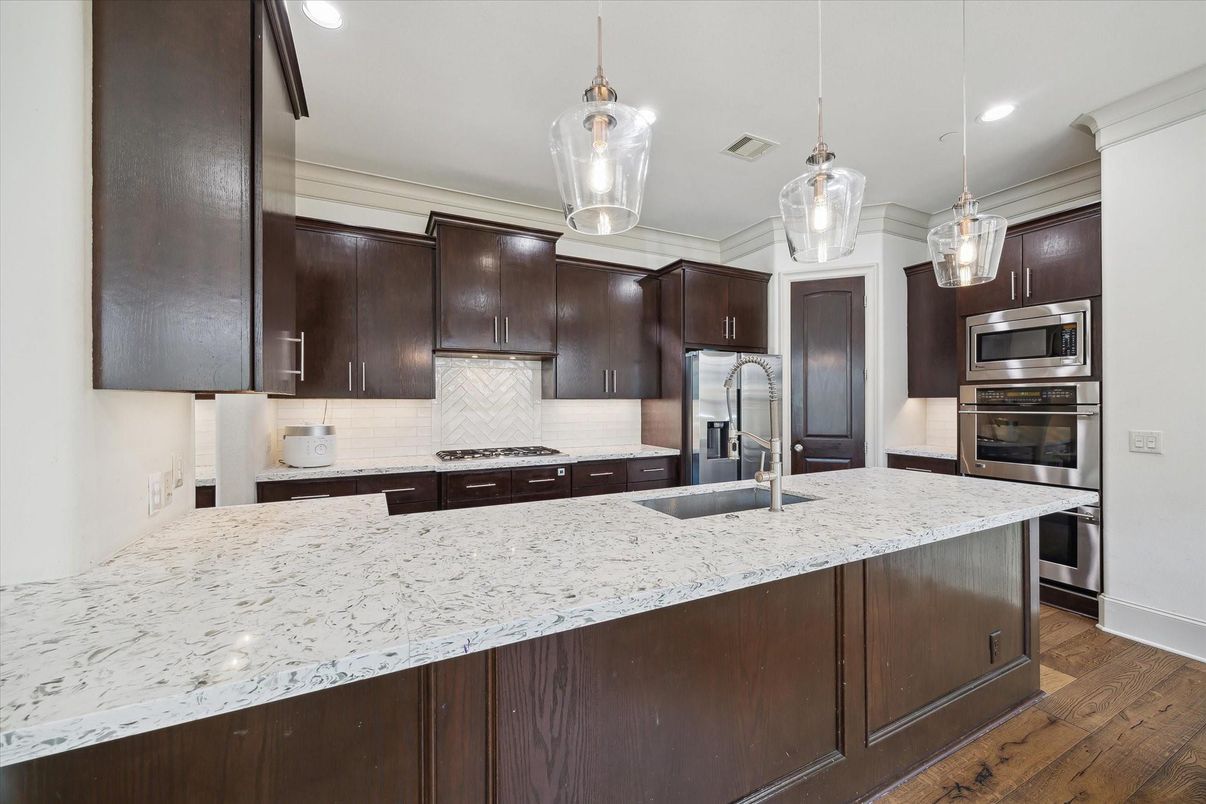 Interior, Kitchen, Pendant Lights, Recessed Lighting, Stainless Steel Appliances, Wood Texture Flooring