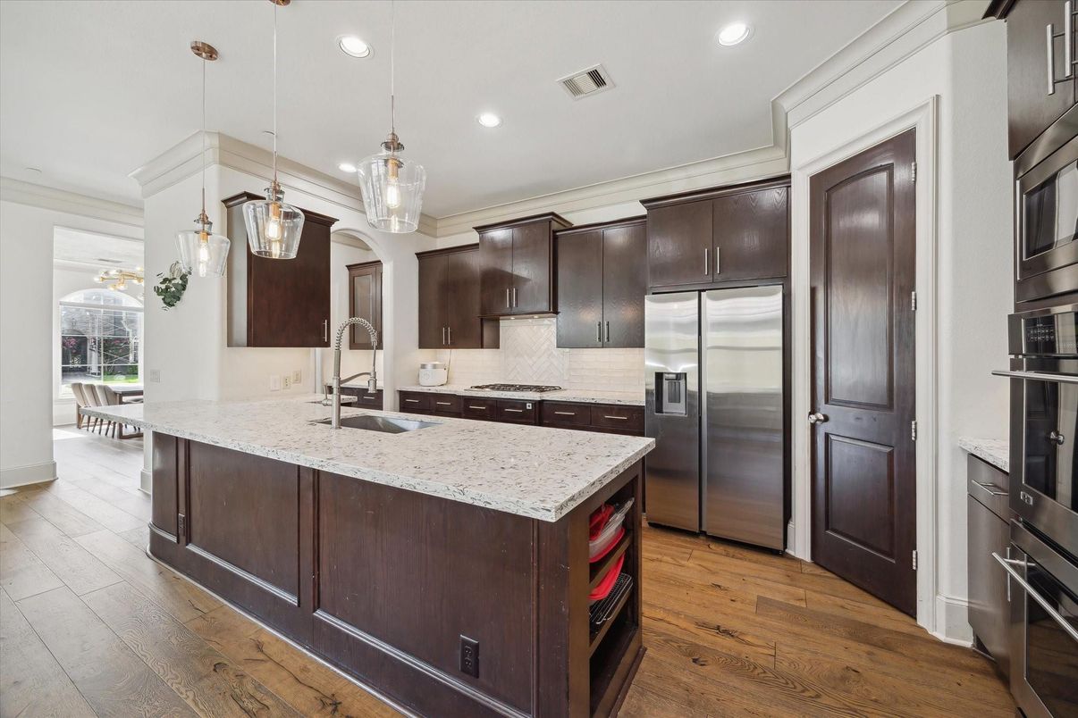 Interior, Kitchen, Pendant Lights, Recessed Lighting, Stainless Steel Appliances, Wood Texture Flooring