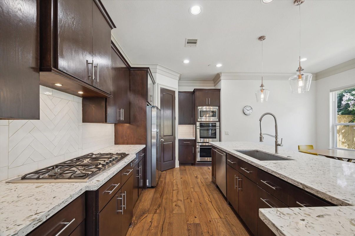 Interior, Kitchen, Pendant Lights, Recessed Lighting, Stainless Steel Appliances, Wood Texture Flooring