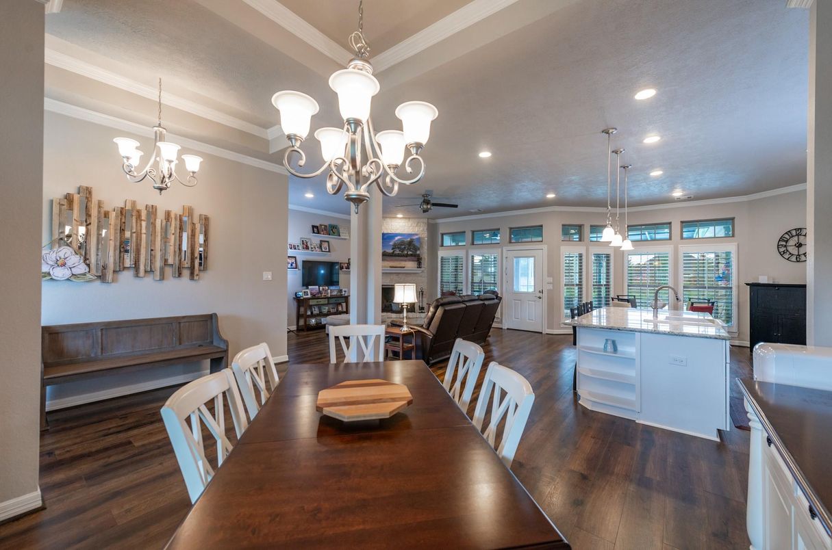 Chandelier, Dining room, Fireplace, Interior, Pendant Lights, Recessed Lighting, Wood Texture Flooring