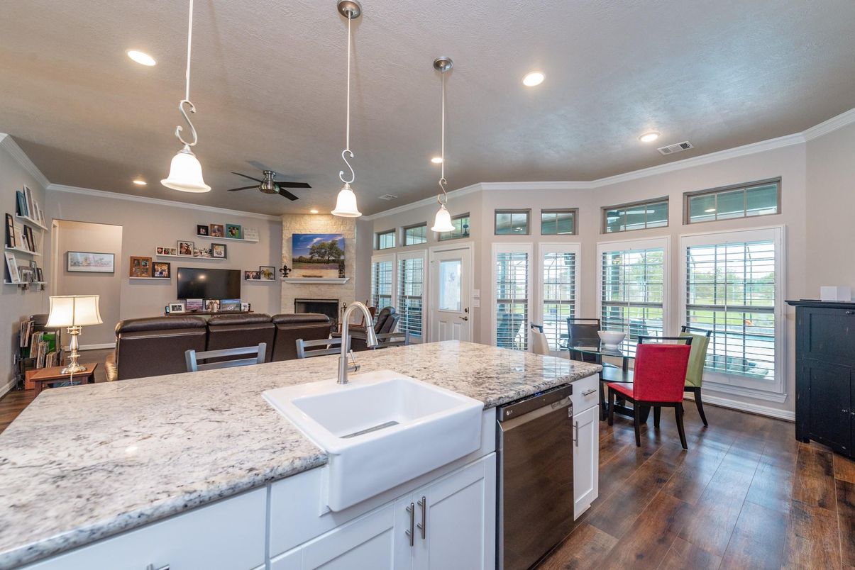 Dining room, Fireplace, Interior, Kitchen, Living room, Pendant Lights, Recessed Lighting, Wood Texture Flooring