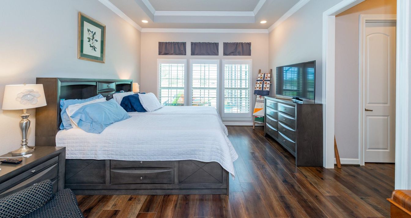 Bedroom, Interior, Recessed Lighting, Wood Texture Flooring