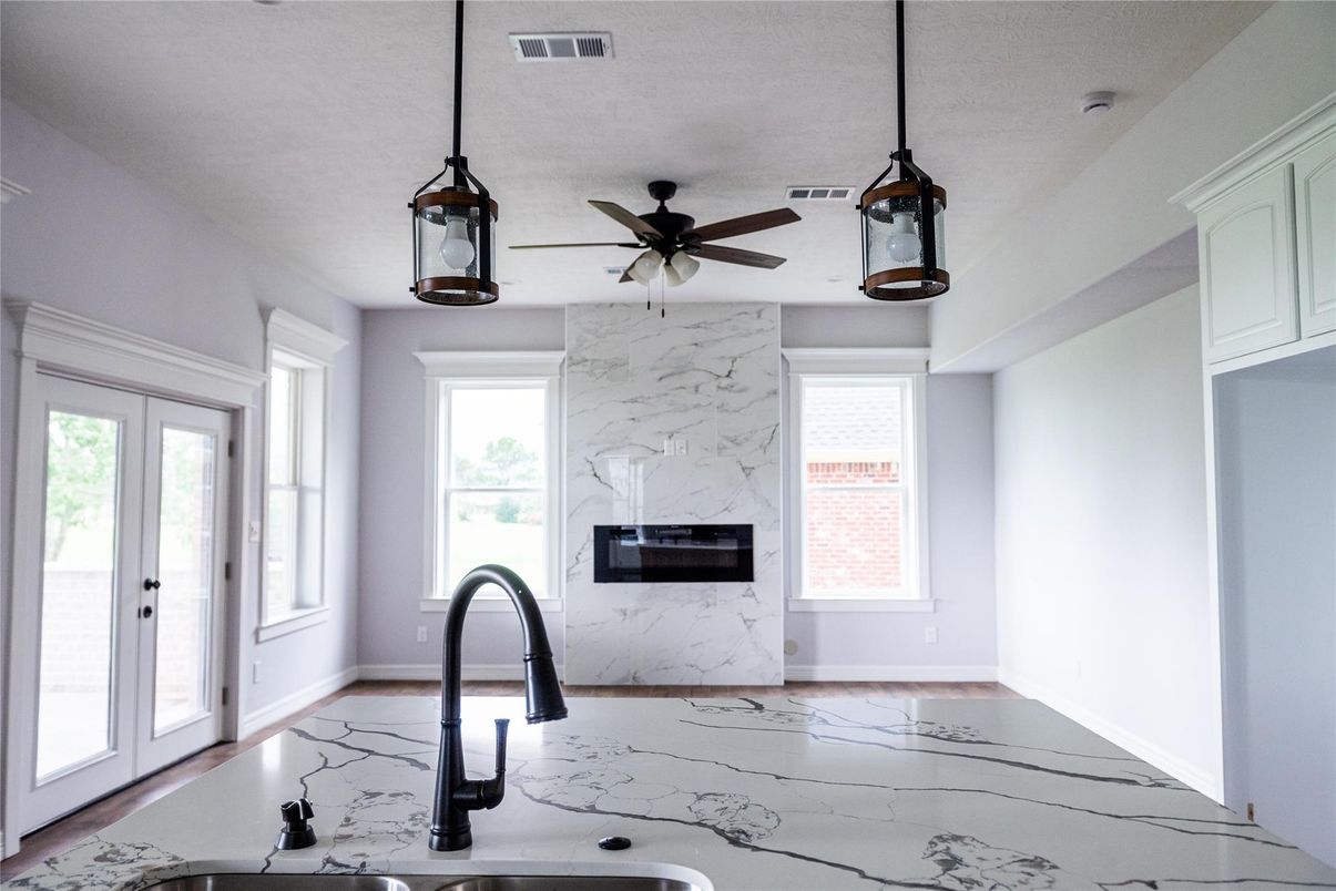 Fireplace, Interior, Marble, Marble Walls, Pendant Lights