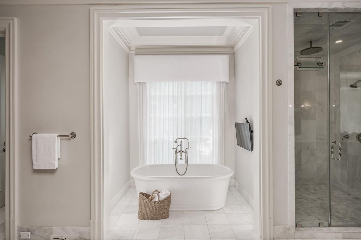 Bathroom, Free Standing Baths, Glass Shower, Interior, Marble, Marble Walls