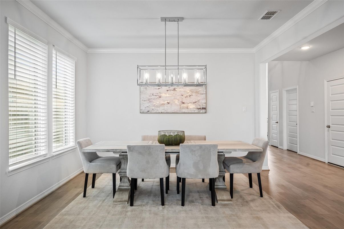 Dining room, Interior, Pendant Lights, Recessed Lighting, Wood Texture Flooring