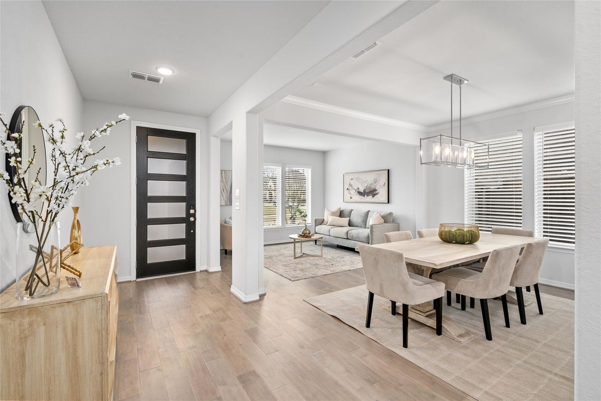 Dining room, Interior, Living room, Recessed Lighting, Wood Texture Flooring