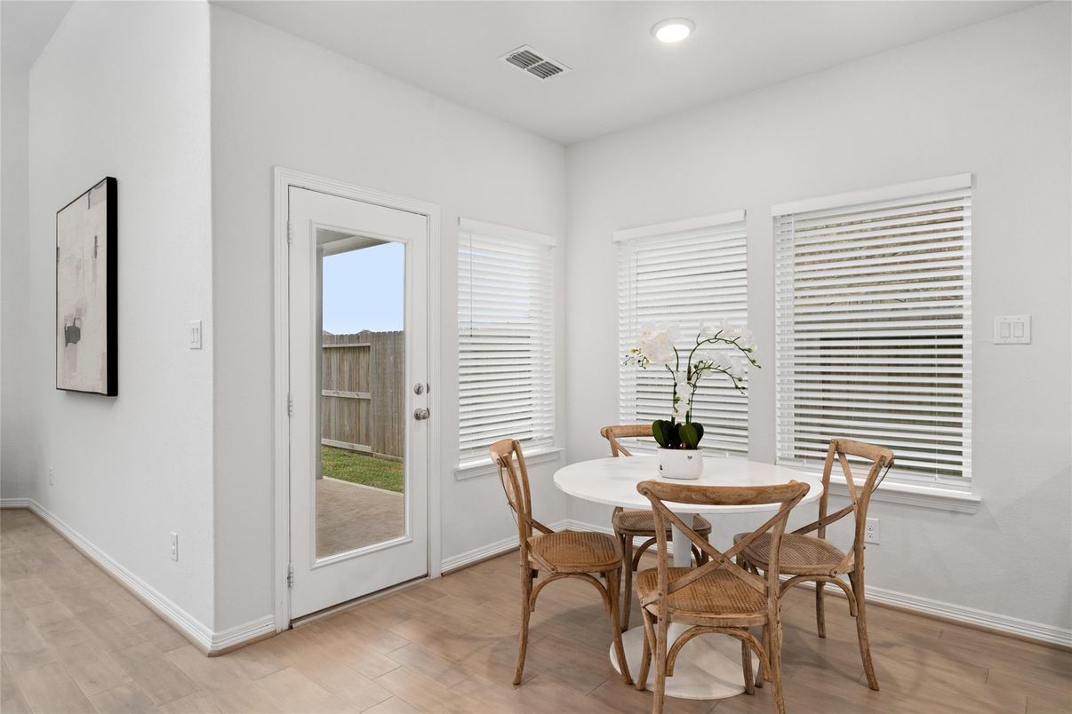 Dining room, Interior, Recessed Lighting, Wood Texture Flooring
