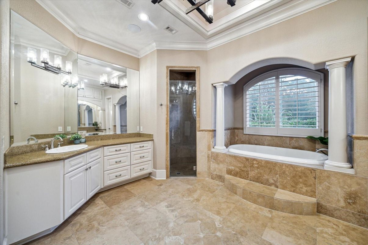 Bathroom, Dual Sink Vanities, Glass Shower, Interior, Recessed Lighting