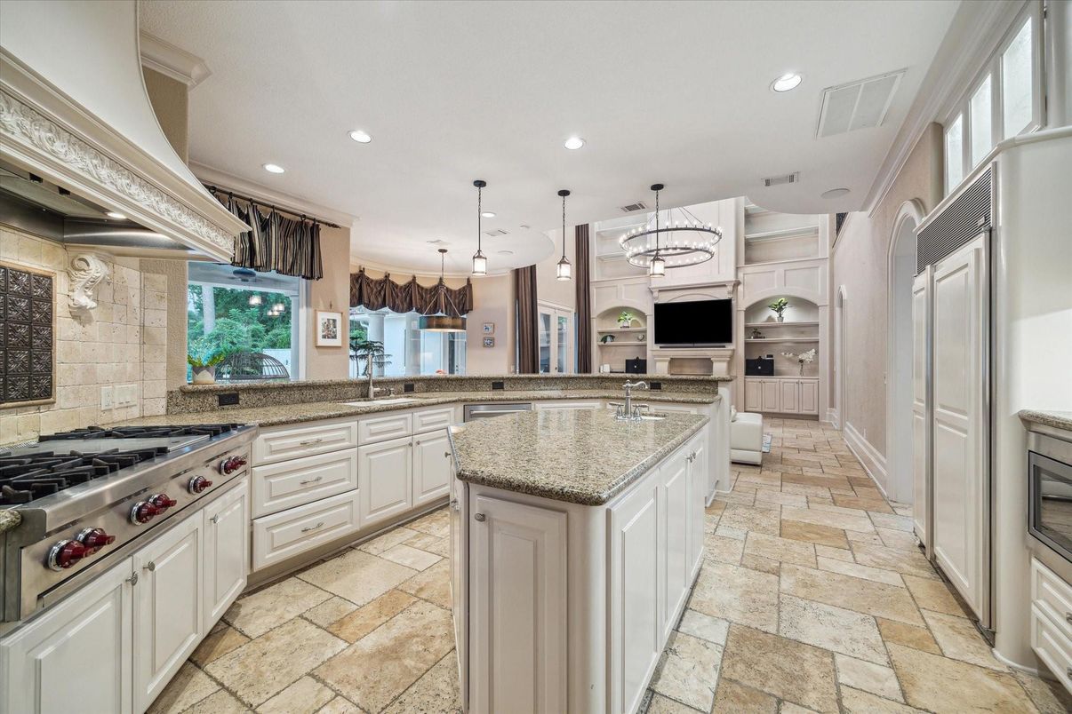 Interior, Kitchen, Pendant Lights, Recessed Lighting, Stainless Steel Appliances, Stone Walls