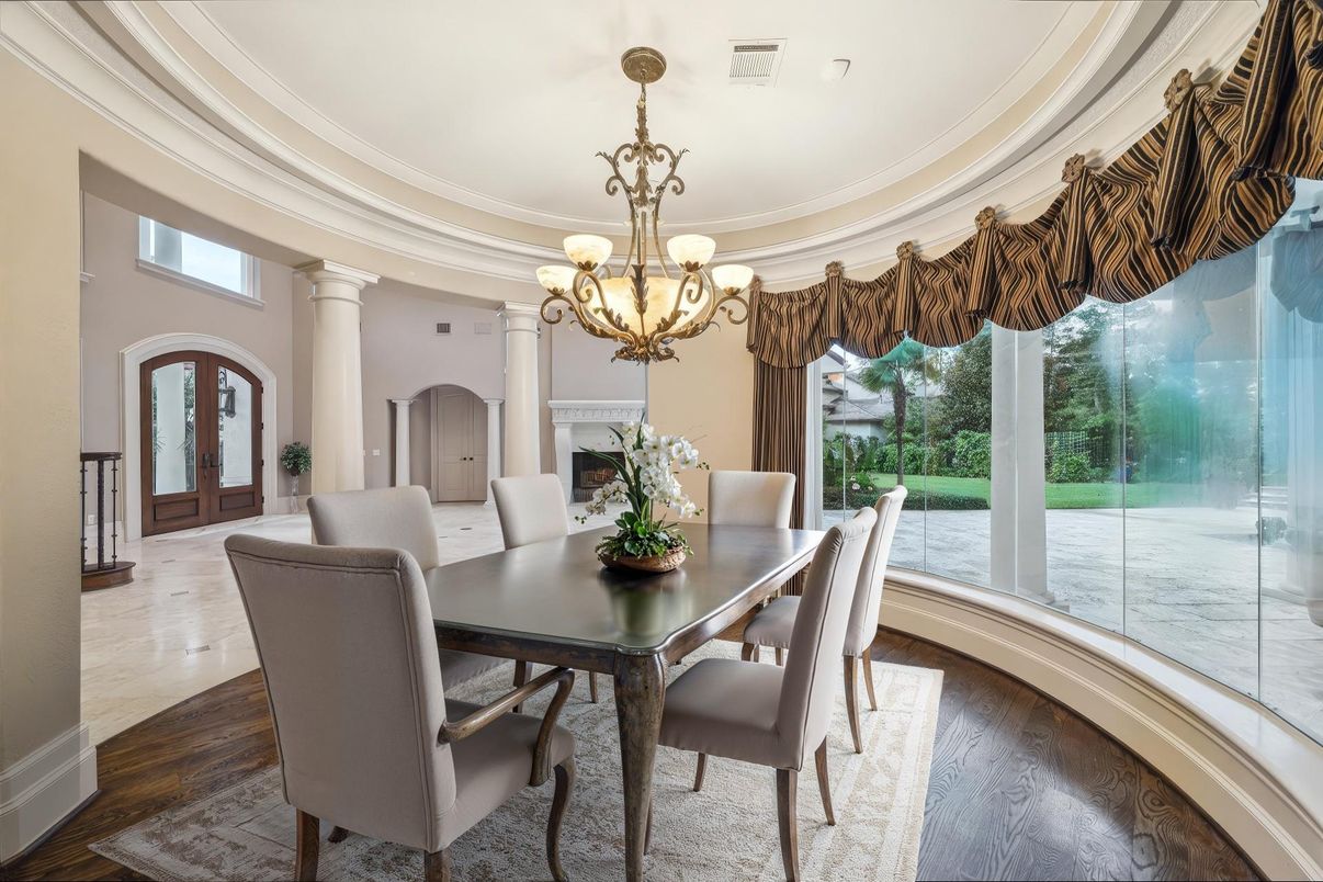 Chandelier, Dining room, Interior, Wood Texture Flooring