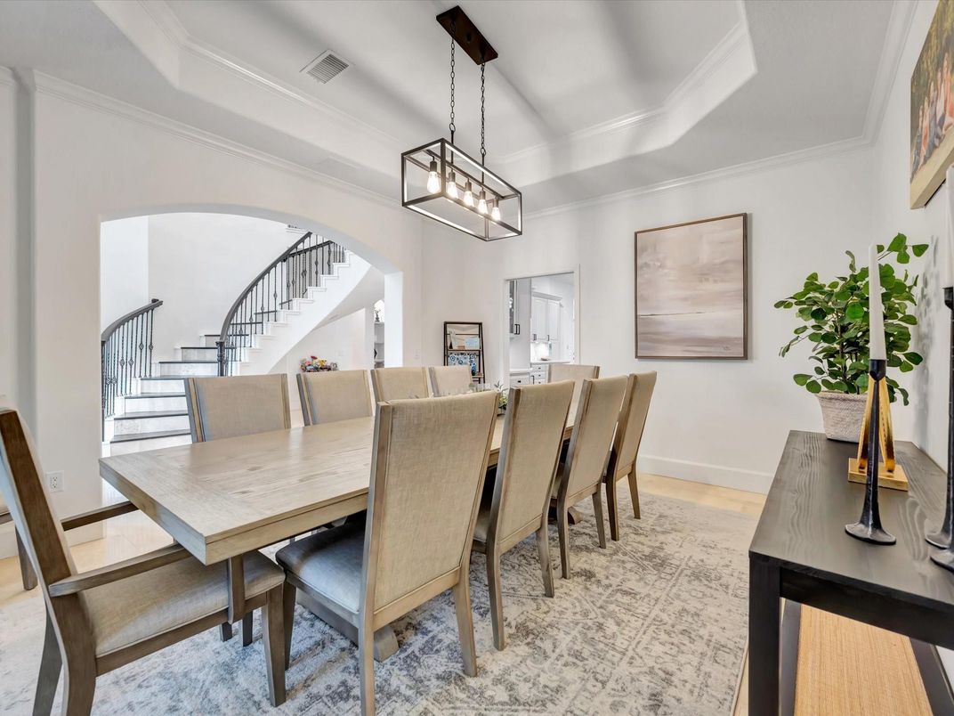 Dining room, Interior, Pendant Lights, Wood Texture Flooring