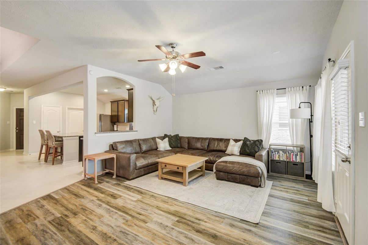 Dining room, Interior, Living room, Recessed Lighting, Wood Texture Flooring