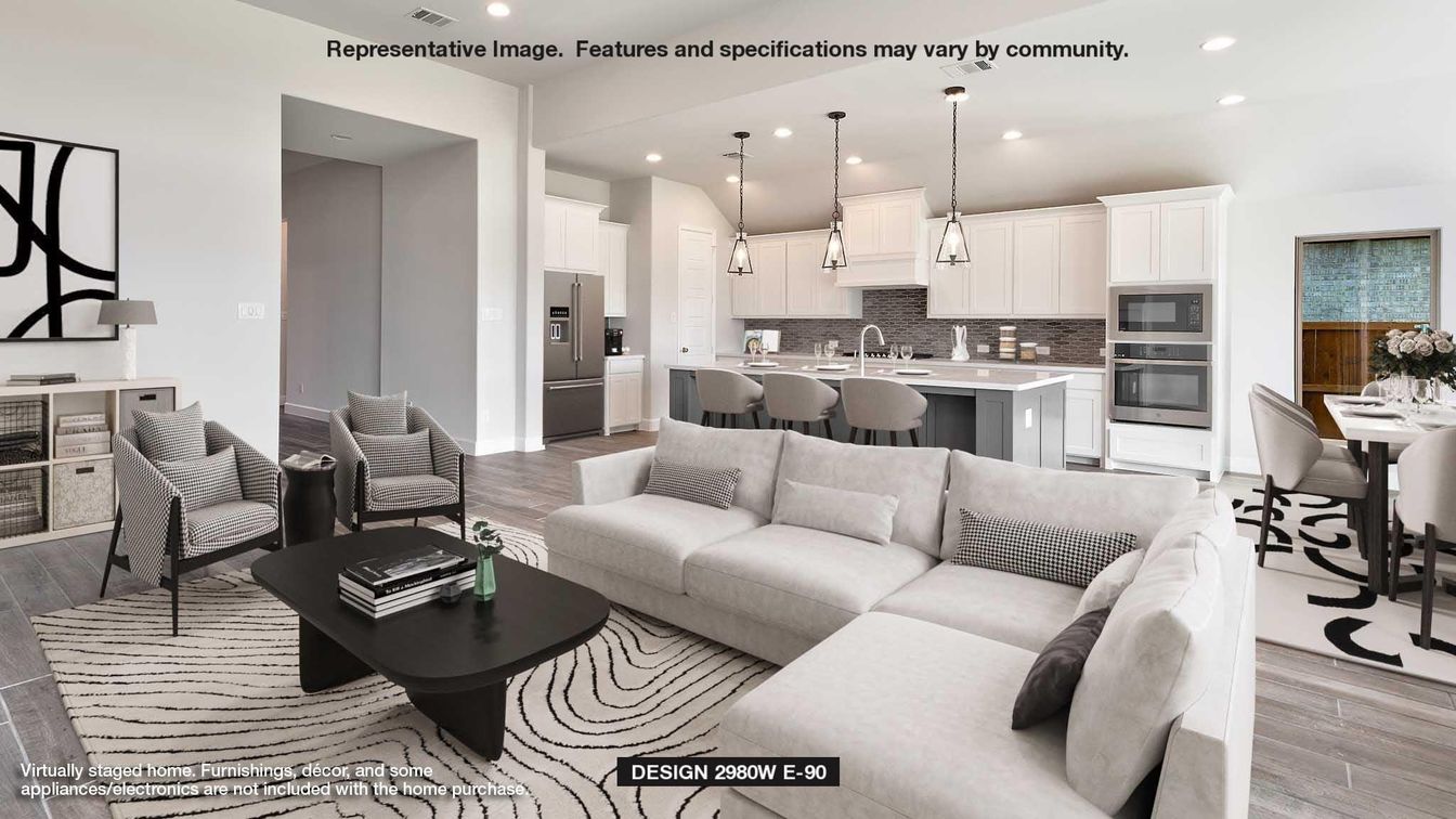 Dining room, Interior, Kitchen, Living room, Pendant Lights, Recessed Lighting, Stainless Steel Appliances, Wood Texture Flooring