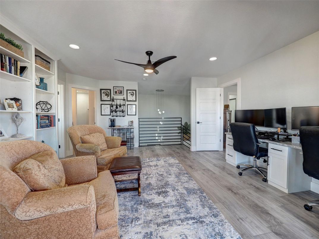 Home Office, Interior, Living room, Pendant Lights, Recessed Lighting, Wood Texture Flooring