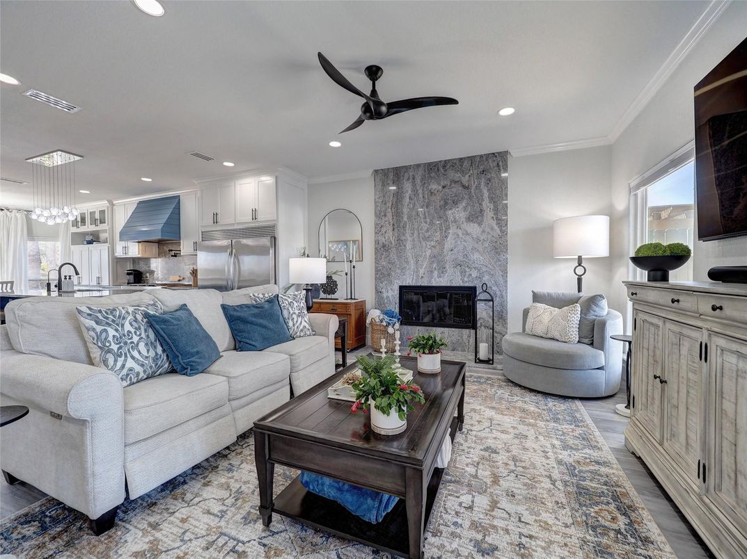 Fireplace, Interior, Kitchen, Living room, Pendant Lights, Recessed Lighting, Stainless Steel Appliances