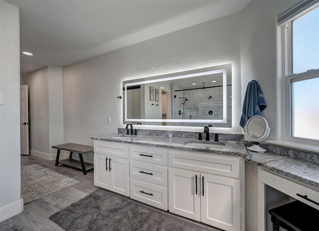 Bathroom, Dual Sink Vanities, Interior, Recessed Lighting, Wood Texture Flooring