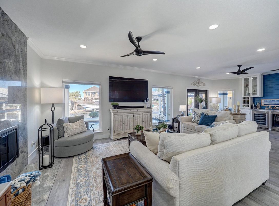 Fireplace, Interior, Living room, Recessed Lighting, Wood Texture Flooring