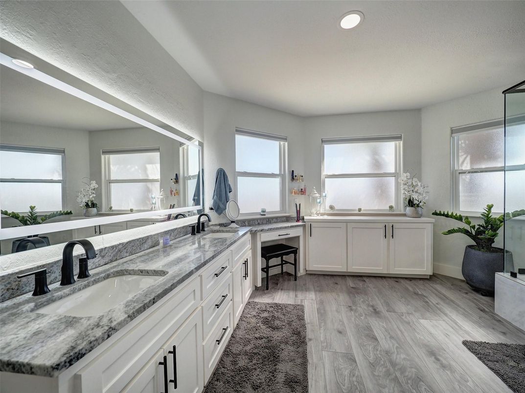 Bathroom, Dual Sink Vanities, Interior, Recessed Lighting, Wood Texture Flooring