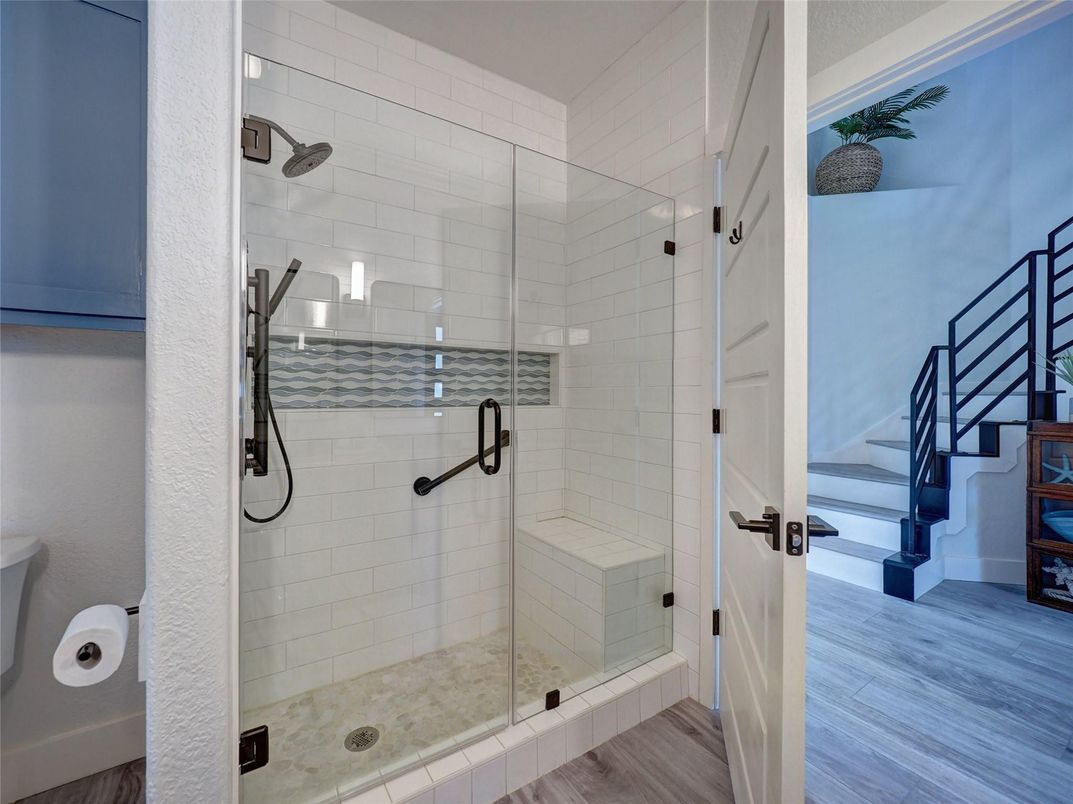 Bathroom, Glass Shower, Interior, Wood Texture Flooring