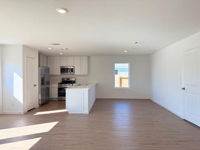 Empty room, Interior, Kitchen, Recessed Lighting, Stainless Steel Appliances, Wood Texture Flooring