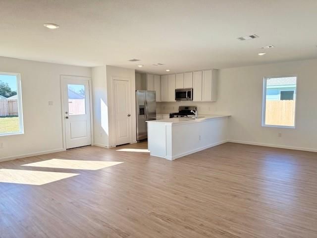 Empty room, Interior, Kitchen, Recessed Lighting, Stainless Steel Appliances, Wood Texture Flooring