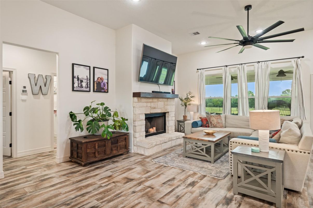 Fireplace, Interior, Living room, Recessed Lighting, Wood Texture Flooring