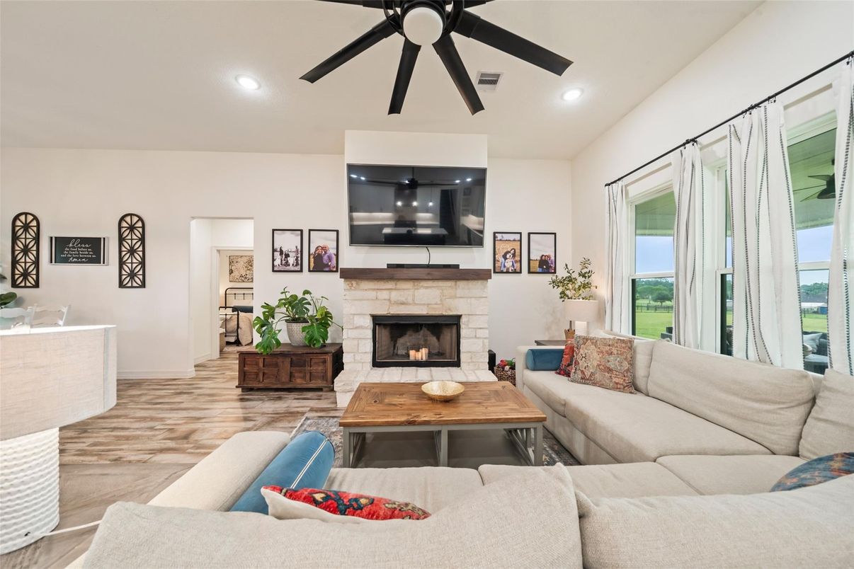 Fireplace, Interior, Living room, Recessed Lighting, Wood Texture Flooring