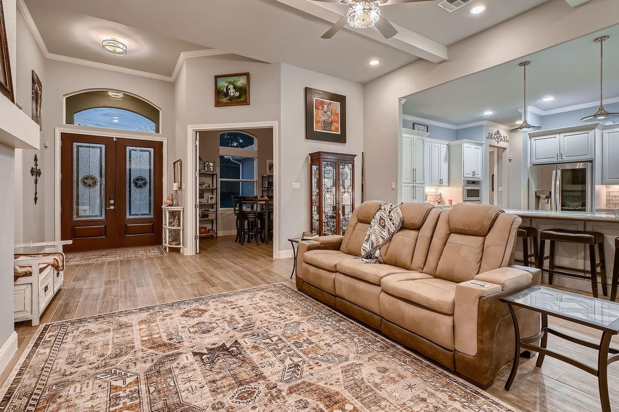 Dining room, Interior, Kitchen, Living room, Recessed Lighting, Stainless Steel Appliances, Wood Texture Flooring