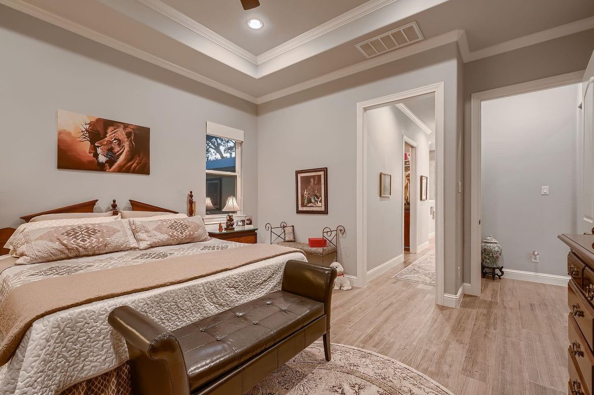 Bedroom, Interior, Recessed Lighting, Wood Texture Flooring