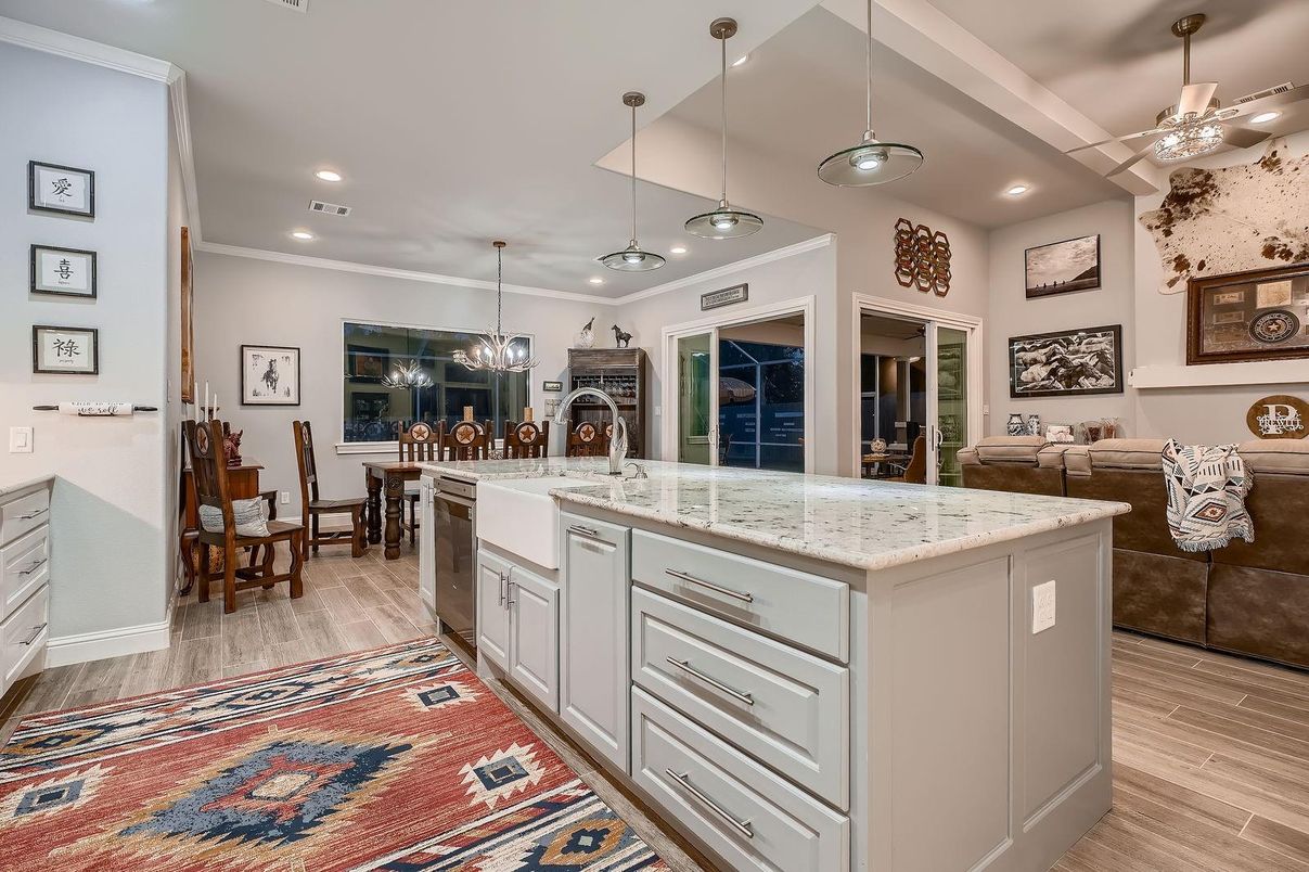 Dining room, Interior, Kitchen, Living room, Pendant Lights, Recessed Lighting, Wood Texture Flooring