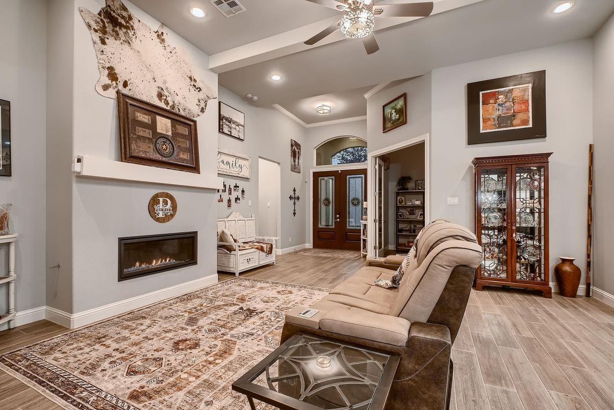 Fireplace, Interior, Living room, Recessed Lighting, Wood Texture Flooring