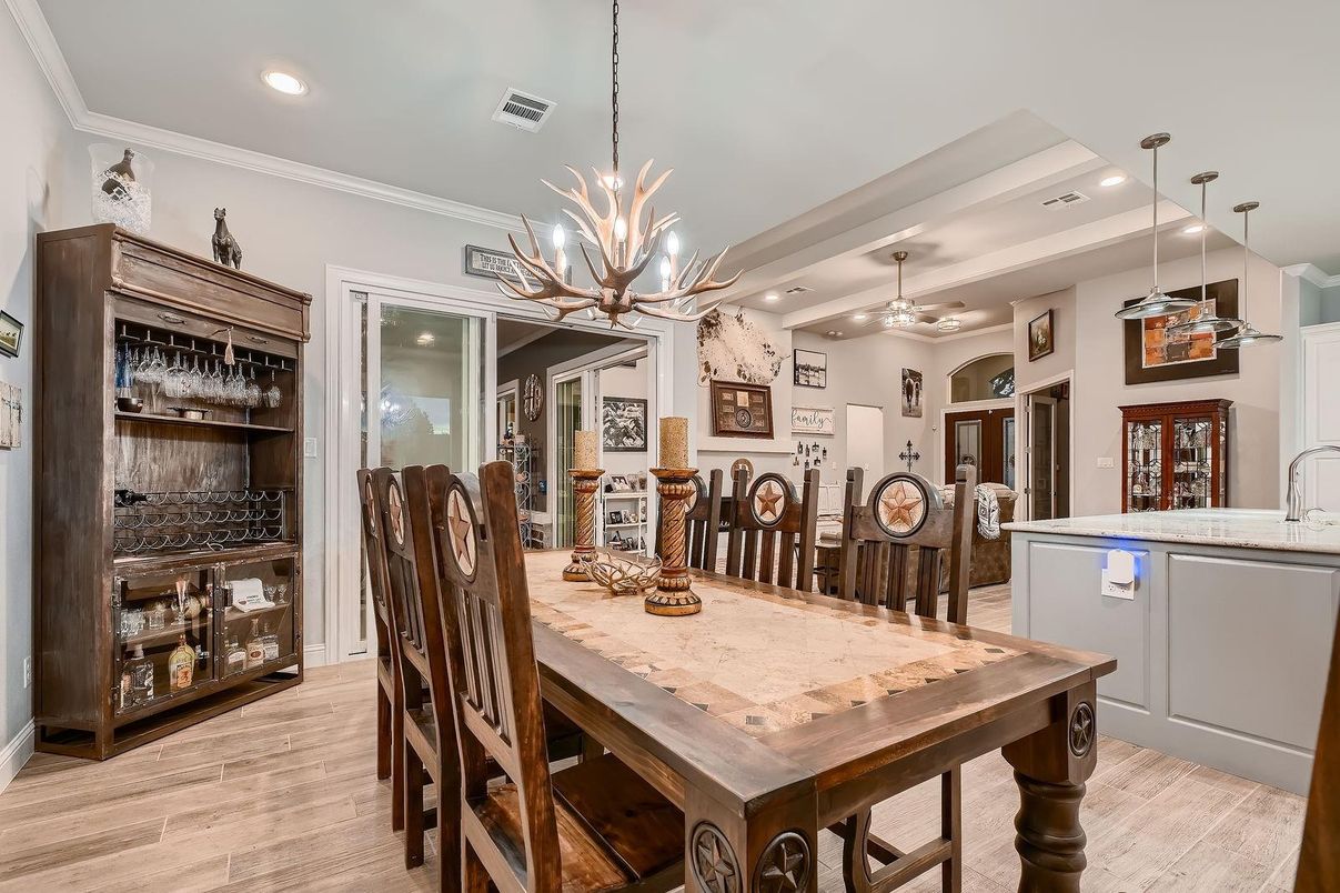 Dining room, Interior, Pendant Lights, Recessed Lighting, Wood Texture Flooring