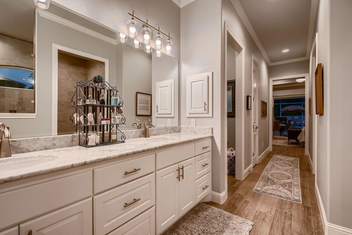 Bathroom, Dual Sink Vanities, Interior, Recessed Lighting, Wood Texture Flooring
