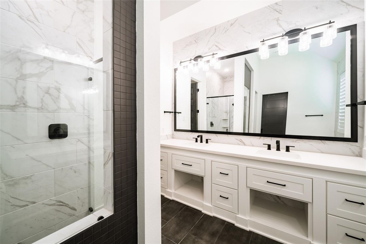 Bathroom, Dual Sink Vanities, Glass Shower, Interior, Marble Walls, Wood Texture Flooring