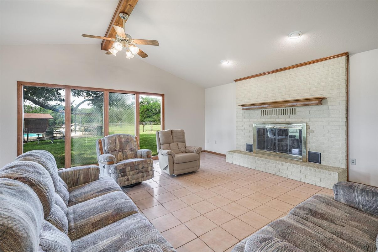 Fireplace, Interior, Living room, Recessed Lighting, Stone Walls
