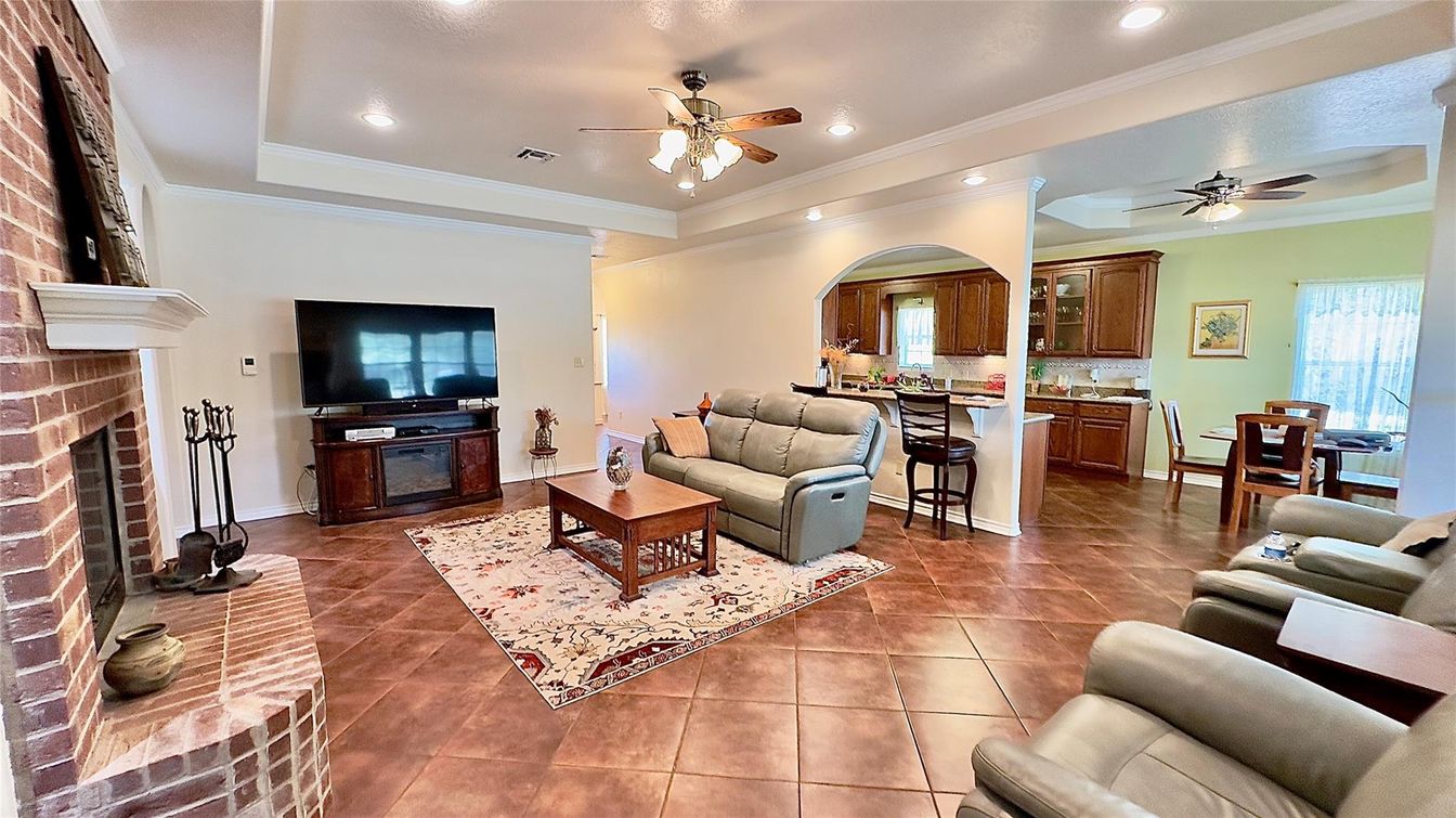 Fireplace, Interior, Living room, Recessed Lighting, Stone Walls