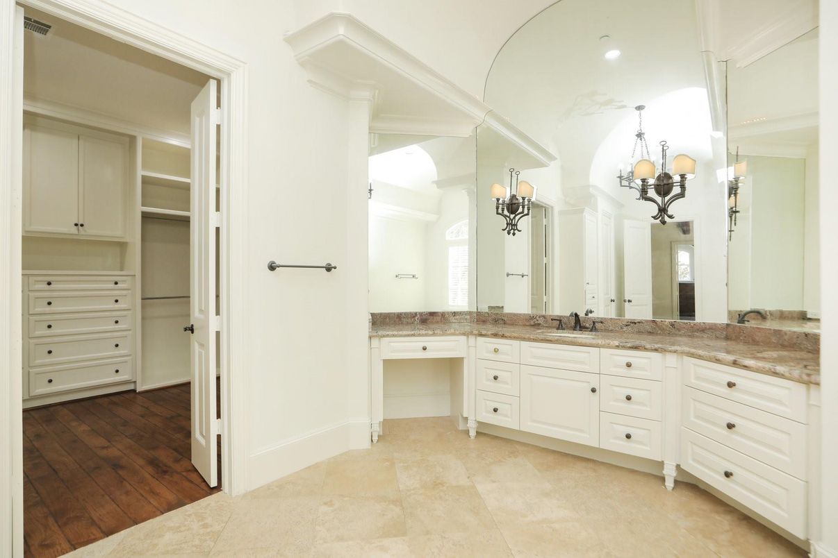 Bathroom, Chandelier, Dual Sink Vanities, Interior, Recessed Lighting, Walk-in Closets, Wood Texture Flooring